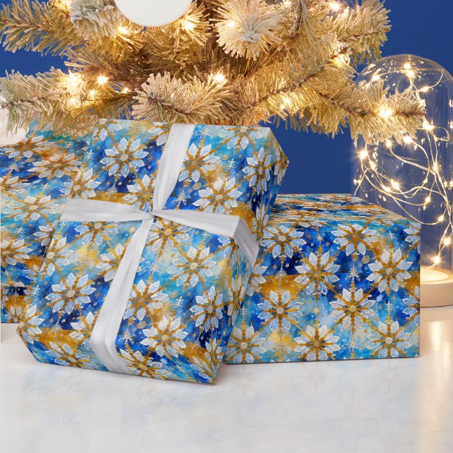 Papel De Regalo Navidades de oro azul blanco Poinsettia Snowflakes (Vacaciones)