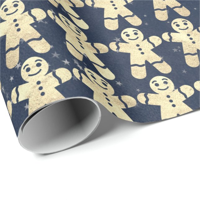 Papel De Regalo Navidades de oro de la marina azul Ginger Bread Gu (Esquina del rollo)