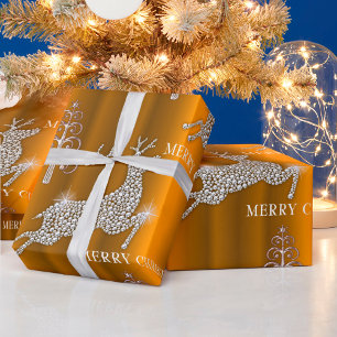 Papel De Regalo Navidades De Oro De Renos De Diamante Y Árboles Pl