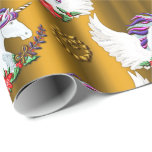 Papel De Regalo Navidades de oro de Unicornio alados<br><div class="desc">Un precioso y mágico papel de envoltura unicornio para Navidades, con un patrón de hermosos unicornios alados con manes puros y rosados, cuernos de oro y hermosas grandes alas blancas. Tienen bajo ellas poinsettia y holly, y están rodeados de coronas de Navidades dorados y árboles de Navidad dorados, todo en...</div>