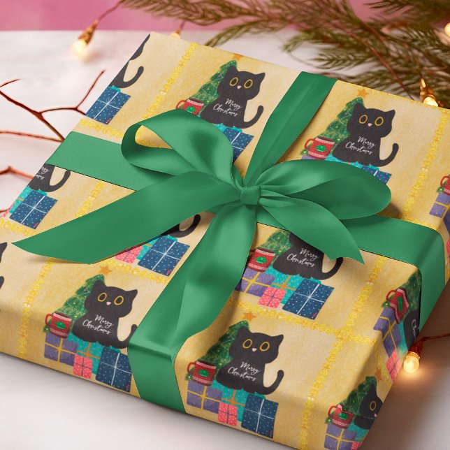 Papel De Regalo Navidades de oro Naranja festivo café gato negro (Subido por el creador)