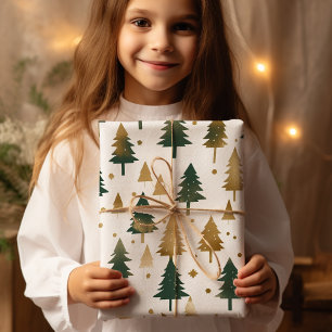 Papel De Regalo Navidades De Oro Y Pinos Verdes