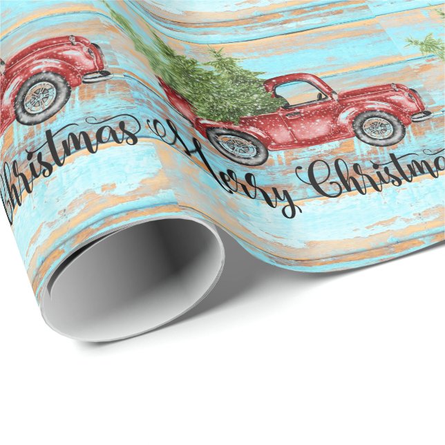 Papel De Regalo Navidades de país de Camión Rojo Retro (Esquina del rollo)