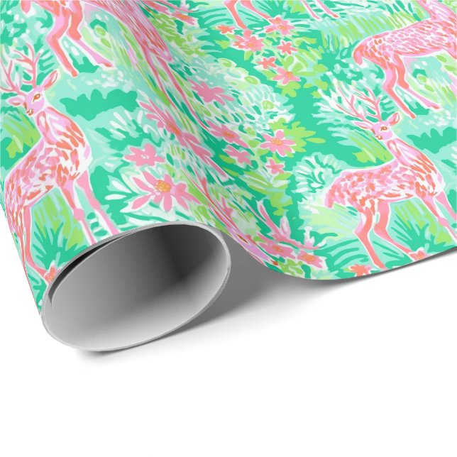 Papel De Regalo Navidades de Palm Beach acuarela reno rosa (Esquina del rollo)
