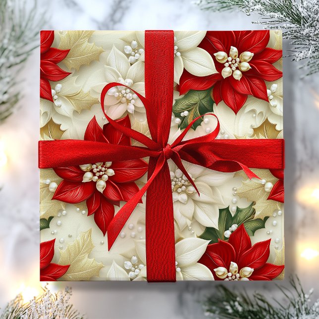 Papel De Regalo Navidades de Perlas Flores Beige y Red Poinsettia (Beige & Red Poinsettia Flower Pearls Christmas Wrapping Paper)