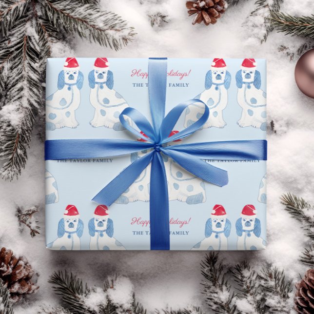 Papel De Regalo Navidades de Perros Preppy Blue And White Stafford (Blue and white chinoiserie staffordshire pottery dogs with Santa hats Christmas wrapping paper)