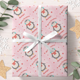Papel De Regalo Navidades de pingüino delgado con nieve rosa perso