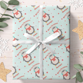 Papel De Regalo Navidades de pingüino lindo Aqua Snow personalizad