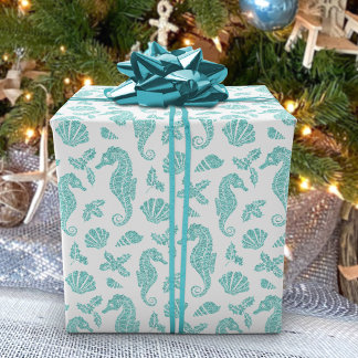 Papel De Regalo Navidades de playa caballito de mar Purpurina Aqua
