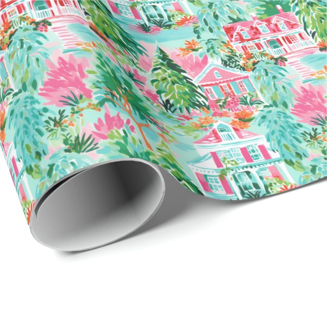 Papel De Regalo Navidades de Playa de Palm Luminosa Casas Acuarela (Esquina del rollo)