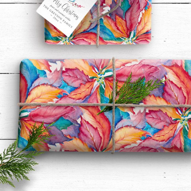 Papel De Regalo Navidades de Poinsettia Botánica Pintada de Acuare (Unique Christmas gift wrap features original watercolor art and design by Victoria Grigaliunas)