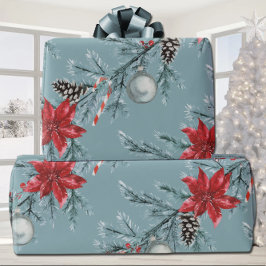 Papel De Regalo Navidades de Poinsettias Blue Spruce Garland Blue