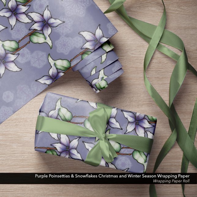 Papel De Regalo Navidades de Poinsettias Púrpura y Copos de Nieve  (Purple Poinsettias & Snowflakes Christmas and Winter Season Wrapping Paper Roll)