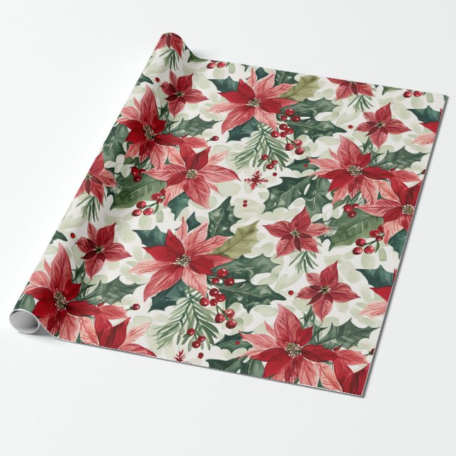 Papel De Regalo Navidades de Poinsettias Rojas (Desenrollado)