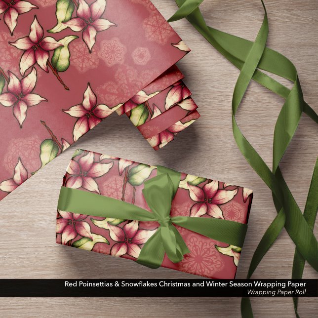 Papel De Regalo Navidades de Poinsettias Rojas y Copos de Nieve (Red Poinsettias & Snowflakes Christmas and Winter Season Wrapping Paper Roll)