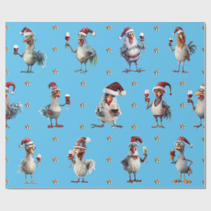 Papel De Regalo Navidades de pollo divertidos Fiesta de vino azul