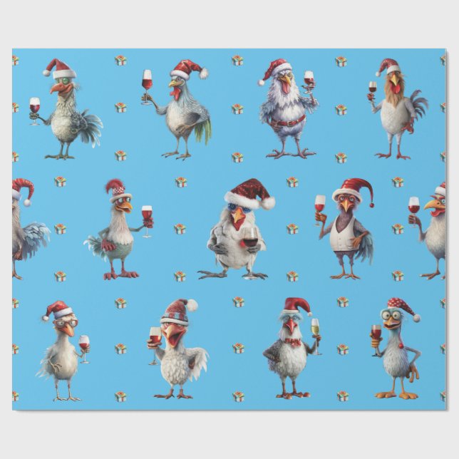 Papel De Regalo Navidades de pollo divertidos Fiesta de vino azul (Superficie plana)