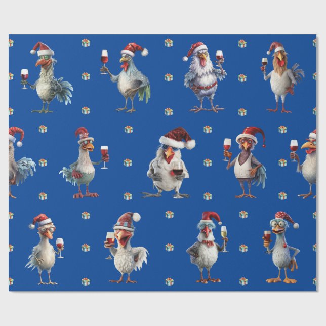 Papel De Regalo Navidades de pollo divertidos Fiesta de vino azul (Superficie plana)
