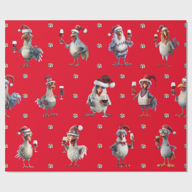 Papel De Regalo Navidades de pollo divertidos Fiesta de vino rojo (Superficie plana)