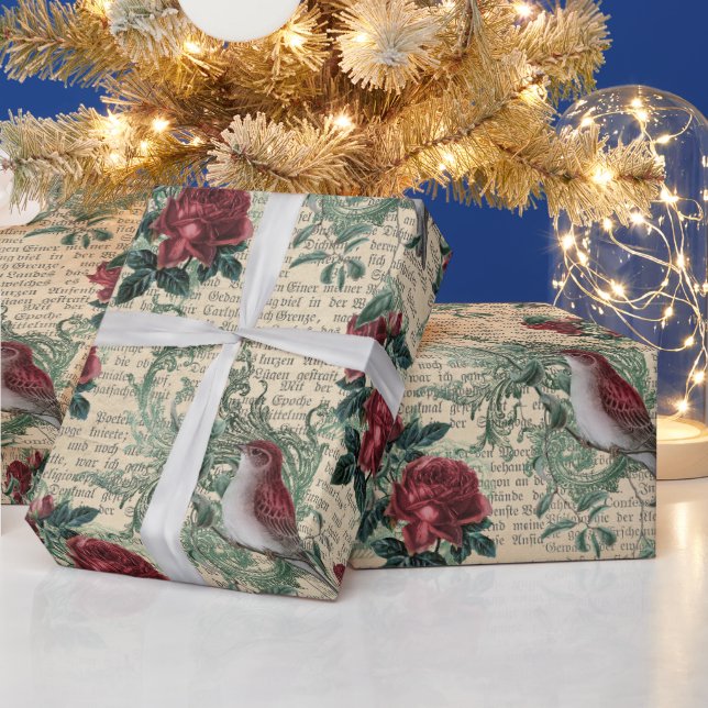 Papel De Regalo Navidades de prensa de las aves de las rosas rojas (Vacaciones)