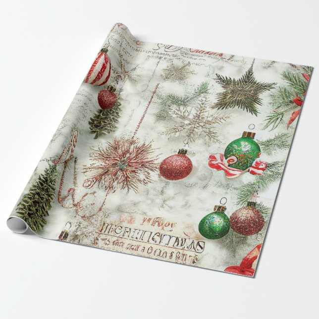 Papel De Regalo Navidades de ramas y hojas rústicas de época (Desenrollado)
