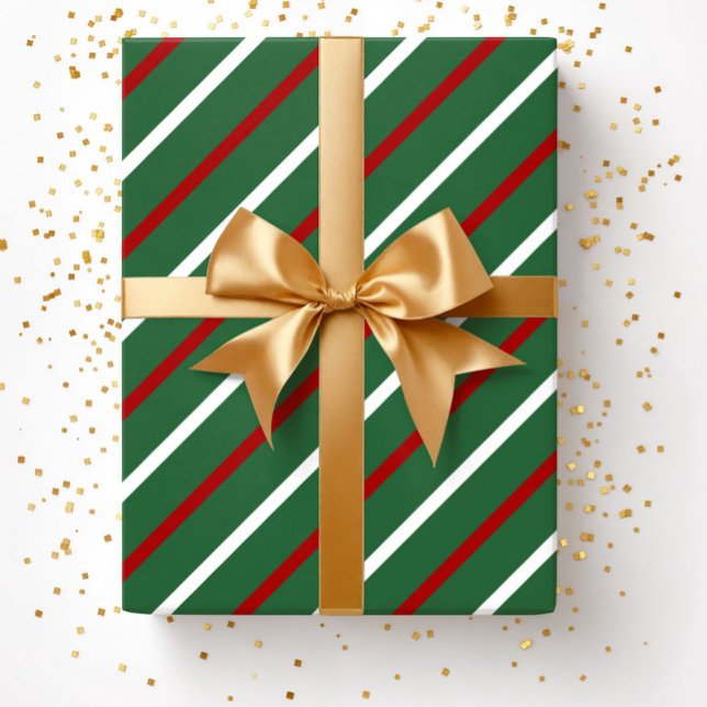 Papel De Regalo Navidades de rayas verdes modernas (Elegant Red Green Striped Pattern Christmas Wrapping Paper)