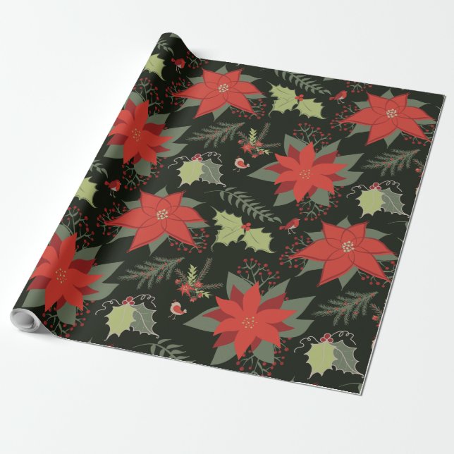 Papel De Regalo Navidades de Red Poinsettias Green Holly (Desenrollado)