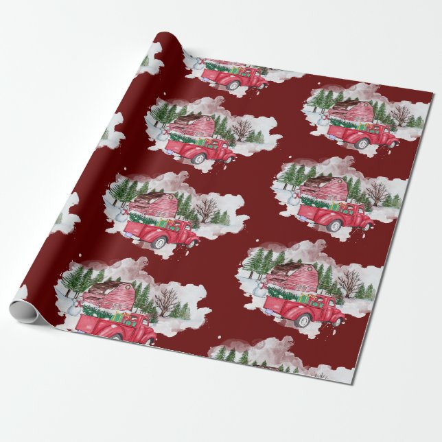 Papel De Regalo Navidades de Red Truck Farmhouse (Desenrollado)