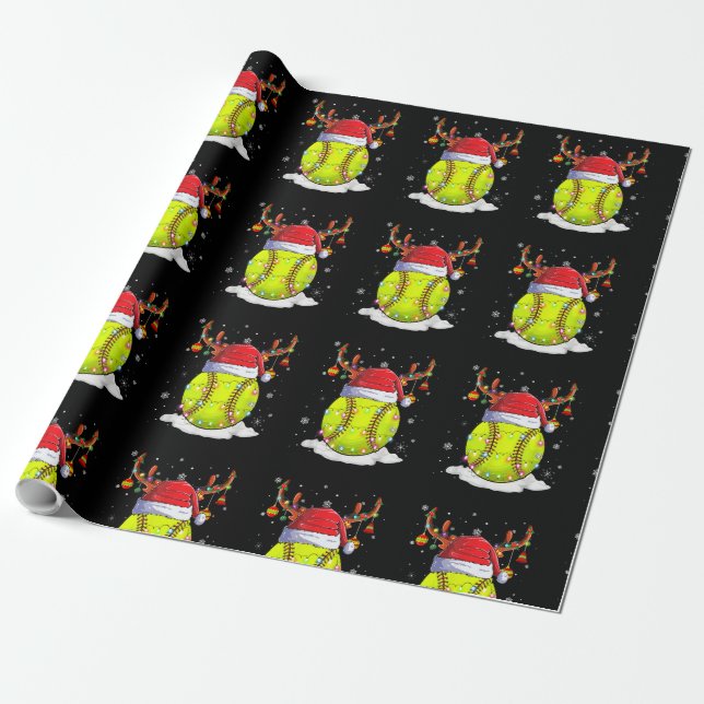 Papel De Regalo Navidades de renos de Softball Santa Hat alumbran  (Desenrollado)