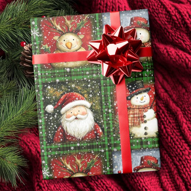 Papel De Regalo Navidades de renos Green Tartan Santa Snowman (Green Tartan Santa Snowman Reindeer Christmas Wrapping Paper)