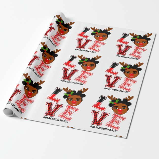 Papel De Regalo Navidades de renos negros afro Chica Santa Rosa (Desenrollado)