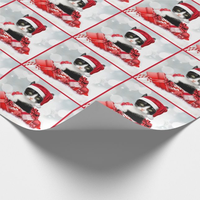 Papel De Regalo Navidades de Santa Gatita Cute de Blanco y Negro (Esquina)