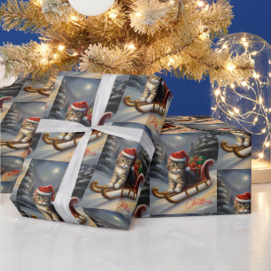 Papel De Regalo Navidades de Santa Gato en el Sleigh
