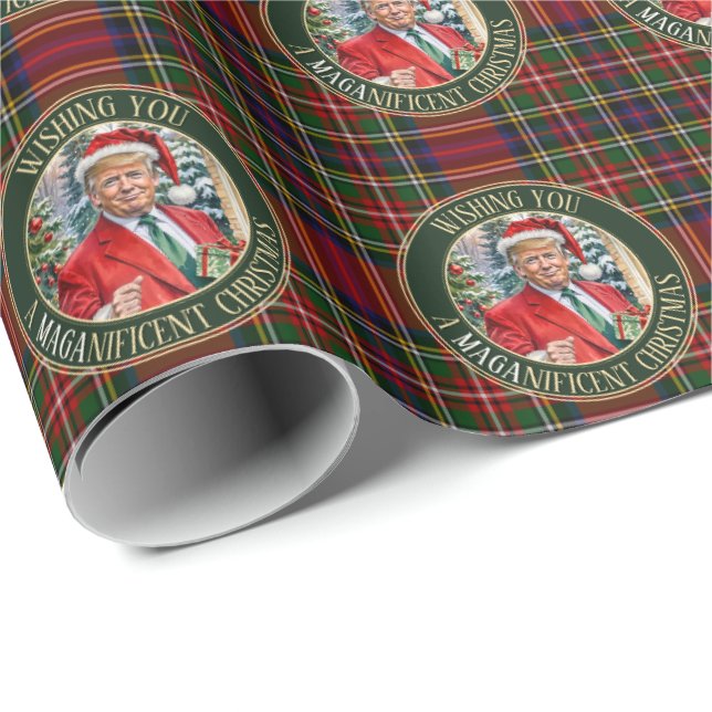 Papel De Regalo Navidades de Santa Trump MAGA Tartán Plaid (Esquina del rollo)