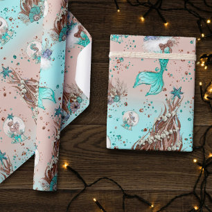 Papel De Regalo Navidades de Sirenas Arsenales y arboles Verde a