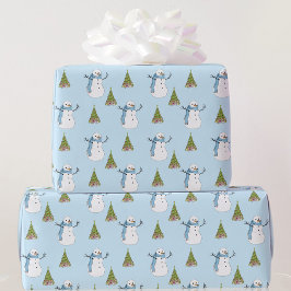 Papel De Regalo Navidades de Snowman y Tree Light Blue