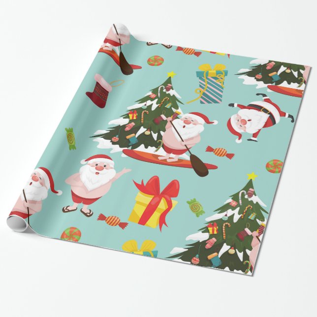 Papel De Regalo navidades de standup paddleboarding surfing santa (Desenrollado)