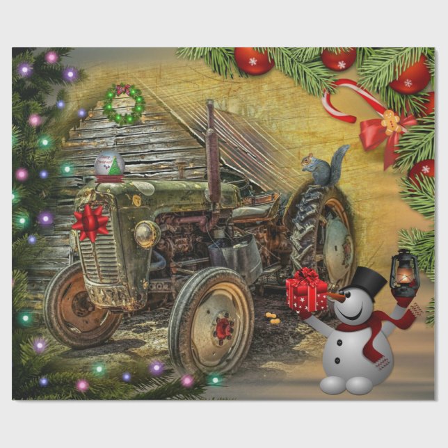 Papel De Regalo Navidades de tractores de granjas verdes de cosech (Superficie plana)