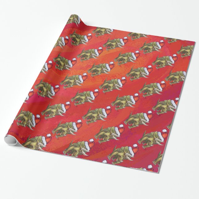 Papel De Regalo Navidades De Triceratops En Rojo (Desenrollado)