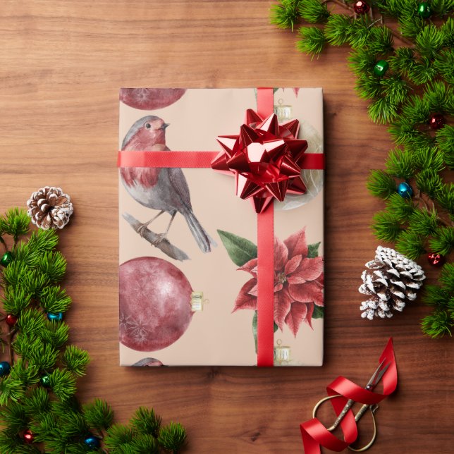 Papel De Regalo Navidades de vacaciones Aves Poinsettias Ornamento (Regalo de vacaciones)