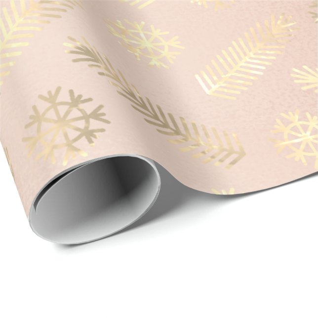 Papel De Regalo Navidades de vacaciones Snowflakes Gold Pink Rubor (Esquina del rollo)