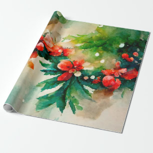 Papel De Regalo Navidades de vegetación de las Berries Rojas acuar
