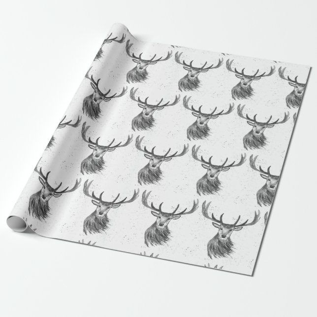 Papel De Regalo Navidades de venado acuarela Patrón Woodland Negro (Desenrollado)