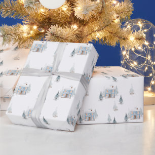 Papel De Regalo Navidades de Watercolor Blue House y Snowy Trees