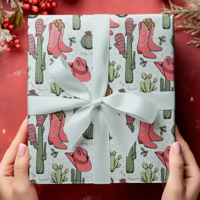 Papel De Regalo Navidades de Western Howdy (Blue Hand-Drawn Western "Howdy Christmas" Pattern. Cowboy Boots, Hats, Cactus, Holly Berries, Stars.)