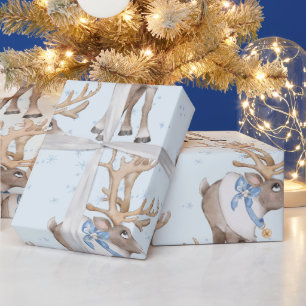 Papel De Regalo Navidades Deer Blue Winter Snowflakes