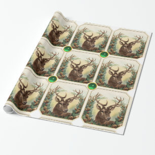 PAPEL DE REGALO NAVIDADES DEER, PINE CONE CROWNS, GEMSTONES VERDES
