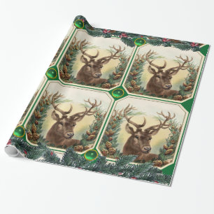 PAPEL DE REGALO NAVIDADES DEER, PINE CONE CROWNS, GEMSTONES VERDES