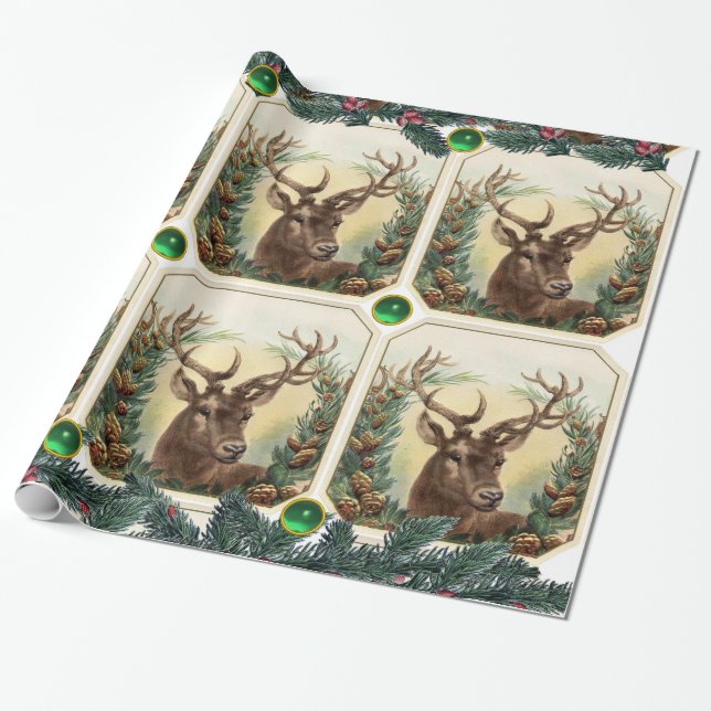 PAPEL DE REGALO NAVIDADES DEER,PINE CONES CROWN,GEMSTONES VERDES (Desenrollado)