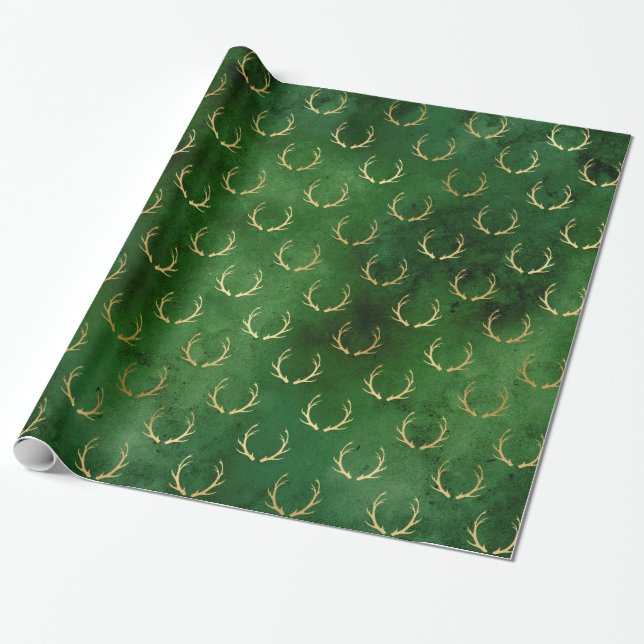 Papel De Regalo Navidades del Boho Green Gold Antlers (Desenrollado)